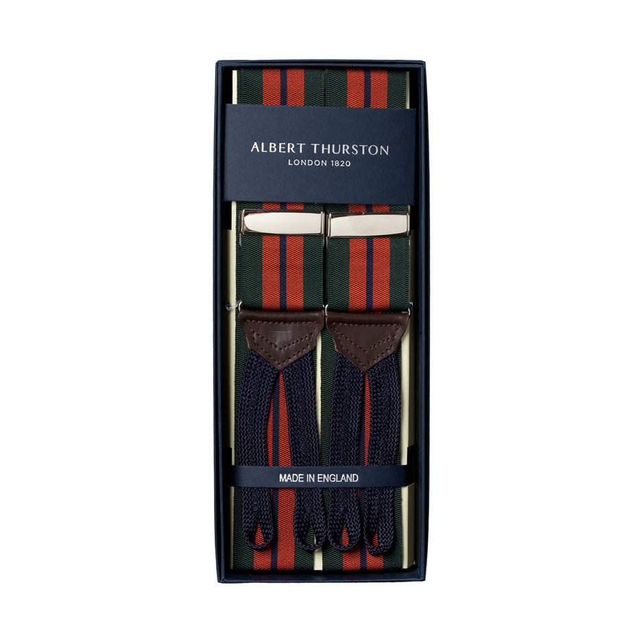 Green Striped Button Suspenders "Rigid Stripe"